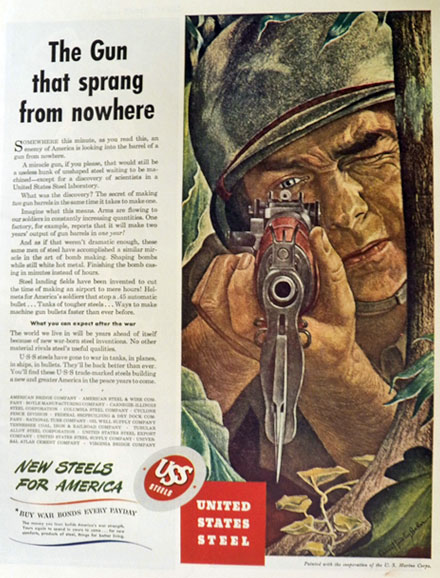 1943 USS Steel Ad ~ Gun From Nowhere ~ Ernest Hamlin Baker