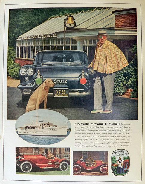 1959 Springmaid Fabrics Ad ~ Stutz Bearcat, Weimeraner Dog