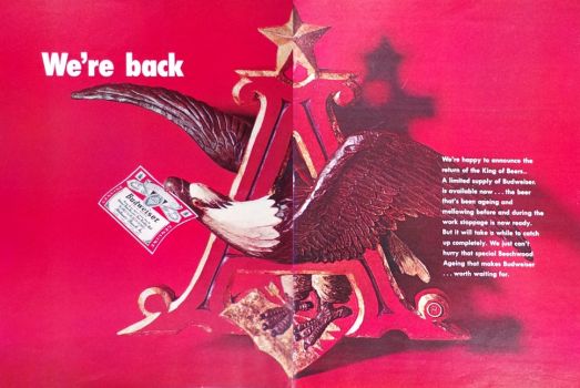 1969 Budweiser Beer Eagle Ad ~ We're Back After Work Stoppage