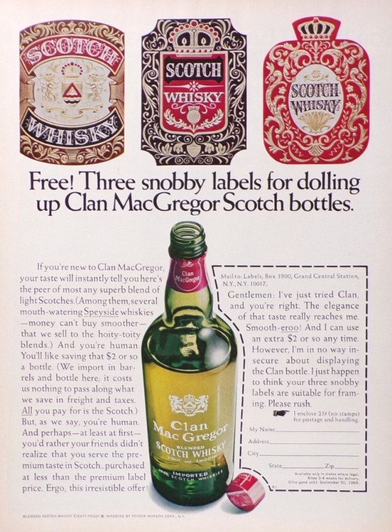 1967 Clan MacGregor Whisky Ad ~ Snobby Labels