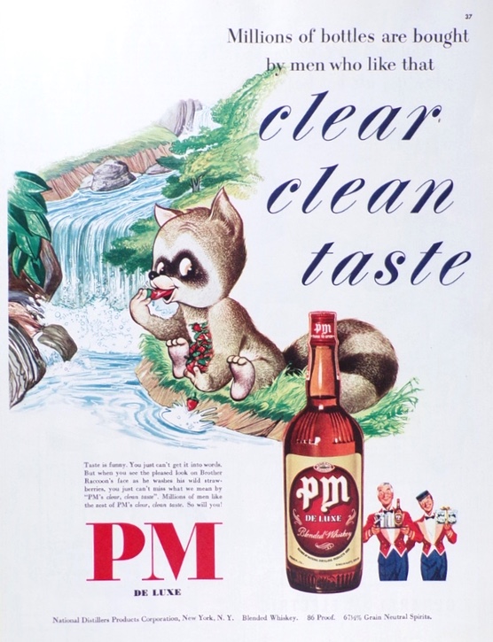 1950 PM Deluxe Whiskey Ad ~ Brother Raccoon