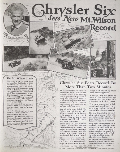1924 Chrysler Six Ad ~ Ralph DePalma at Mt. Wilson