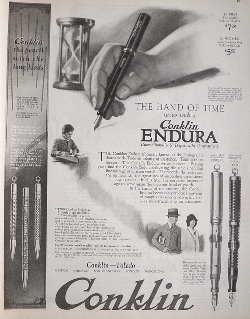 1924 Conklin Fountain Pen & Pencil Ad ~ Endura