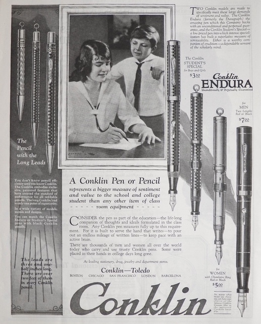 1924 Conklin Fountain Pen & Pencil Ad ~ Endura, Student's Special