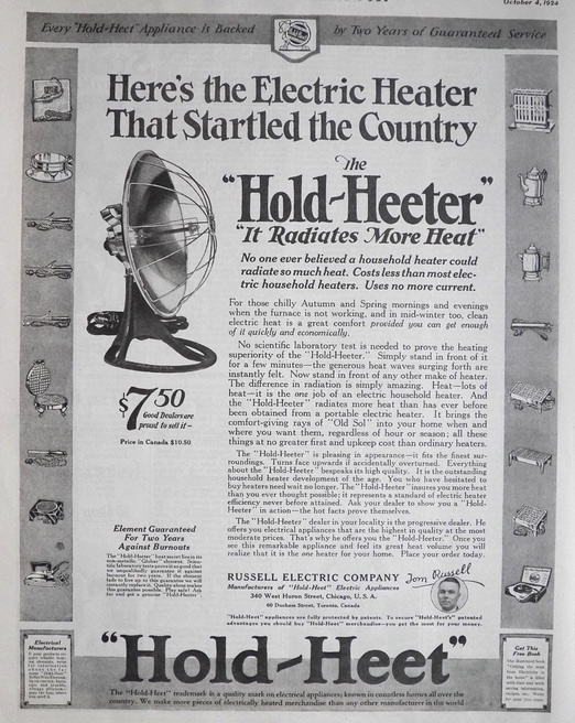 1924 Hold Heeter Electric Heater Ad ~ Startled the Country