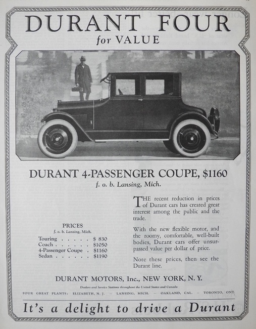 1925 Durant Four Car Ad ~ 4 Passenger Coupe