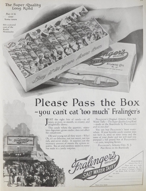 1925 Fralinger's Salt Water Taffy Ad ~ Pass the Box