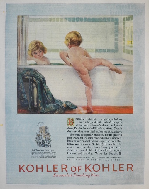 1925 Kohler Plumbing Ad ~ Bare Bottom Child Climbs in Tub