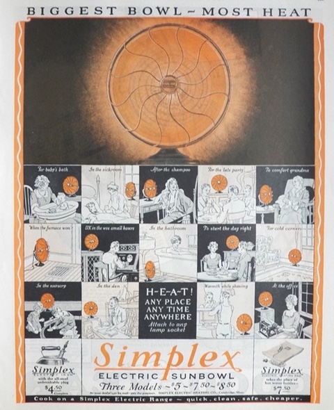 1925 Simplex Sunbowl Heater Ad ~ Biggest Bowl, Most Heat