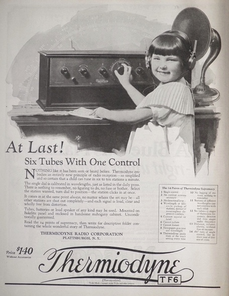 1924 Thermodyne Radio Ad ~ Six Tubes, One Control