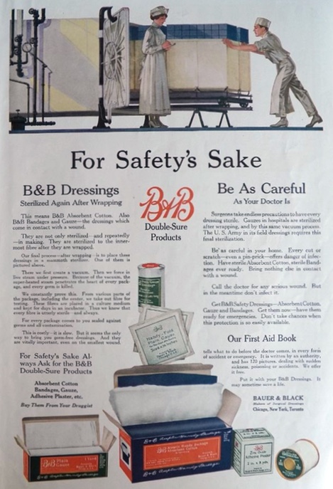 1918 Bauer & Black Emergency Dressings Ad ~ For Safety's Sake