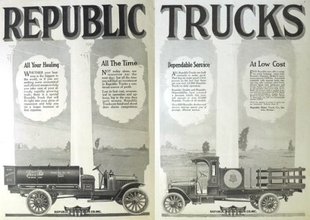 1917 Republic Trucks Ad ~ Polarine & Bell Telephone Trucks