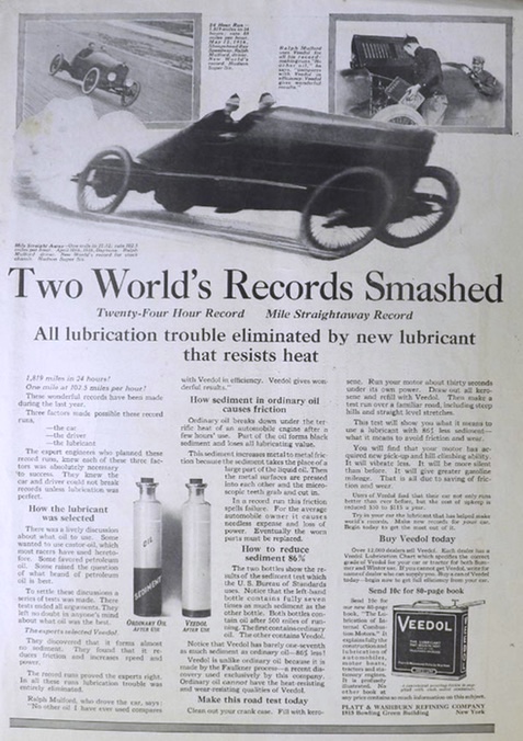1917 Veedol Automobile Oil Ad ~  Race Car Driver Ralph Mulford
