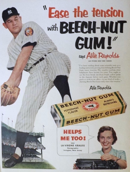1952 Beechnut Gum Ad ~ NY Yankees Allie Reynolds