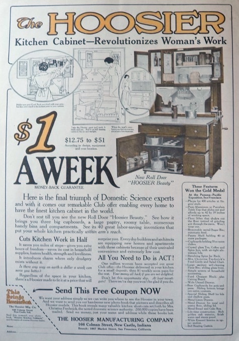 1916 Hoosier Cabinet Ad ~ Revolutionizes Women's Work