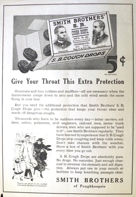 1918 Smith Brothers Cough Drops Ad ~ Winter Protection