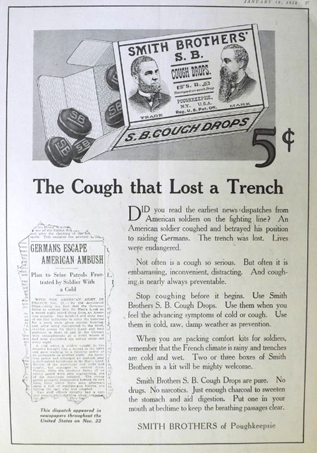 1918 Smith Brothers Cough Drops Ad ~ Soldier Coughs in Trench