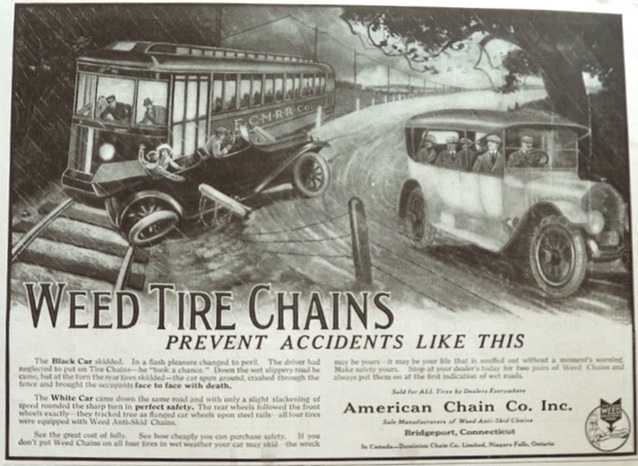 1916 Weed Tire Chains Ad ~ Car Accident Illustration