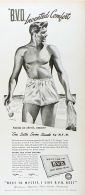 1945 Vintage BVD Men's Satin Swim Trunks Ad ~ Hot Guy on Beach