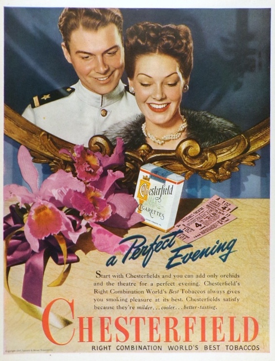 1945 Chesterfield Cigarettes Ad ~ Orchids & The Theatre