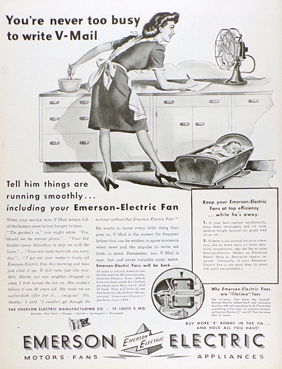 1945 Emerson Electric Fan Ad ~ Never Too Busy to Write V-Mail