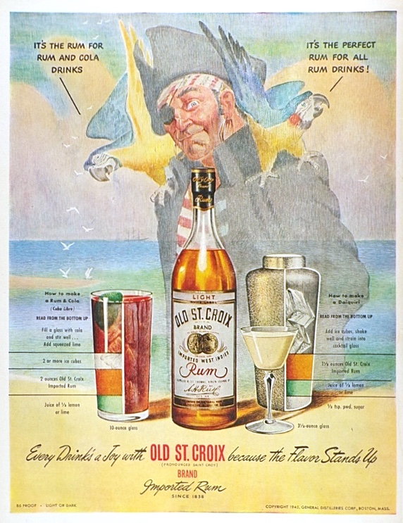 1945 Vintage Old St. Croix Rum Ad ~ Pirate With Macaw Parrots