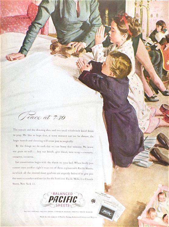 1945 Pacific Sheets Ad ~ Children Pray at Bedside ~ John Gannam