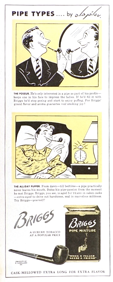 1945 Briggs Pipe Tobacco Ad ~ Alajalov "Pipe Types" Cartoon