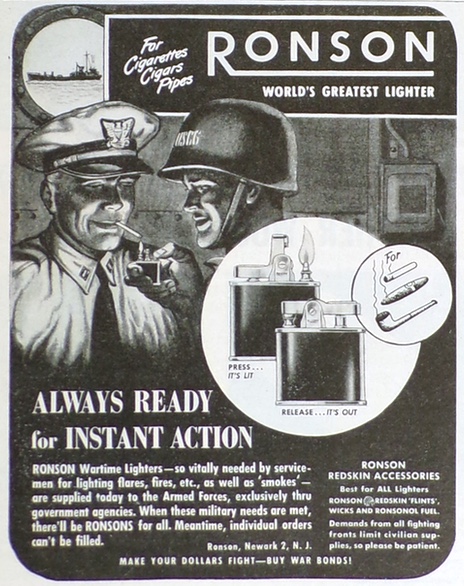 1945 Ronson Wartime Lighter Ad ~ Ready For Instant Action