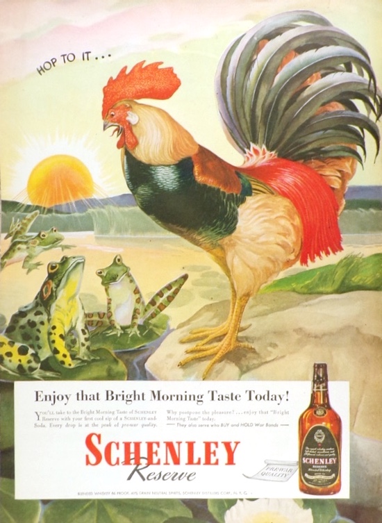 1945 Schenley Whiskey Ad ~ Rooster & Frogs