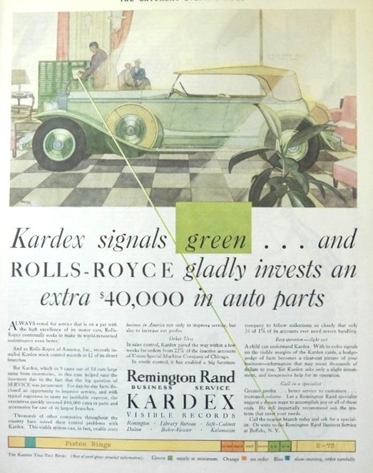 1930 Kardex Visible File System Ad ~ Rolls Royce