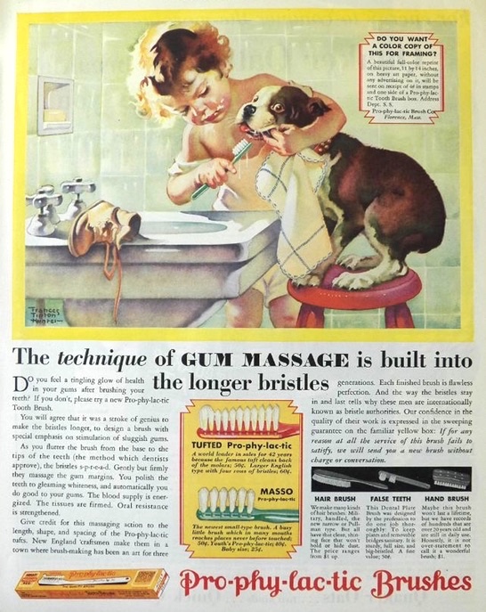 1930 Prophylactic Toothbrush Ad ~ Child Brushes Dogs Teeth
