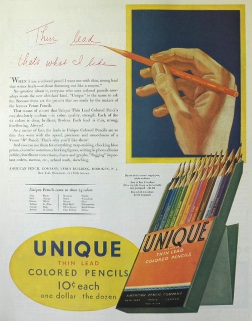 1930 Unique Thin Lead Colored Pencils Ad