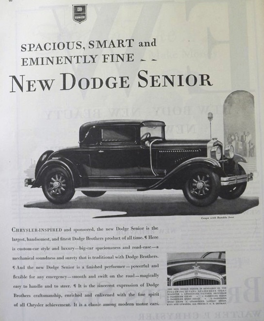 1929 Dodge Senior Car Ad ~ Spacious, Smart