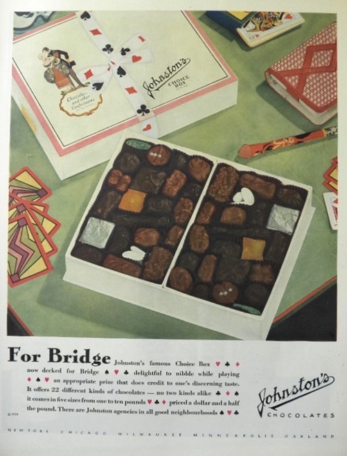 1929 Johnston's Candy Ad ~ For Playing Bridge