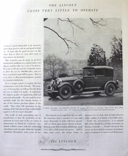 1929 Lincoln Cabriolet Ad ~ Charles Lawrance, Wright Aeronautical