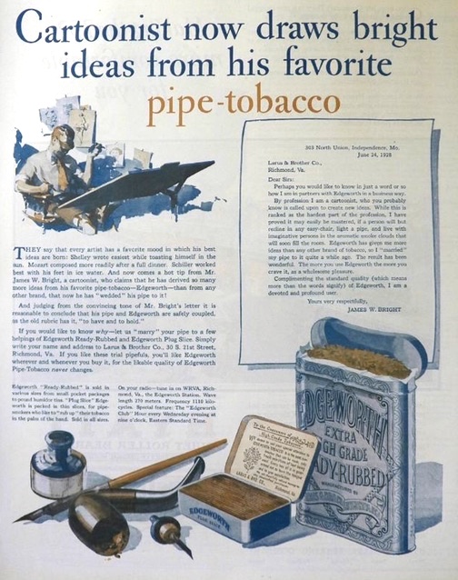 1929 Edgeworth Tobacco Ad ~ James W. Bright, Cartoonist
