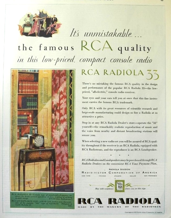1929 RCA Radiola Radio Ad ~ Radiola 33