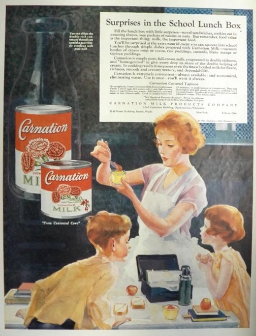 1926 Carnation Milk Ad ~ Mom Prepares Lunch Box for Kids