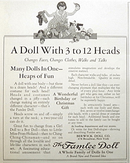 1924 Famlee Doll Ad ~ A Doll With 3 to 12 Heads