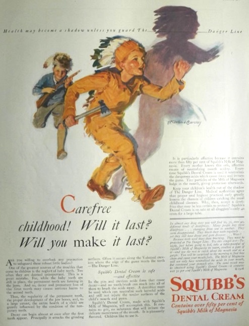 1926 Squibb's Dental Cream Ad ~ Boy with Tomahawk in Indian Gear