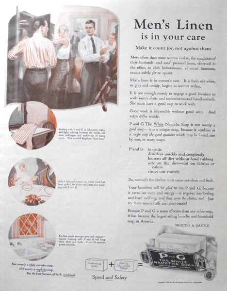 1923 Naptha Soap Ad ~ Men's Linen Is In Your Care