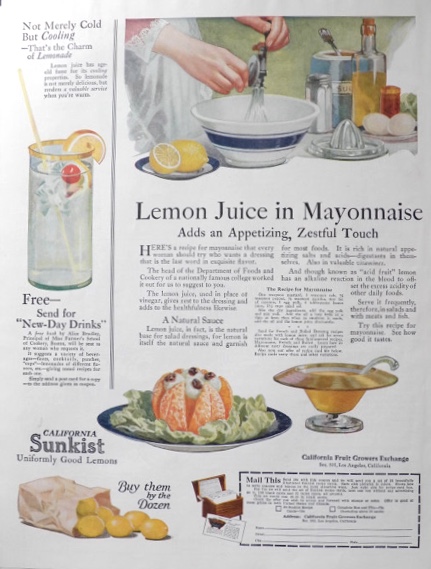 1923 Sunkist Lemons Ad ~ Mayo with Lemon Juice Recipe