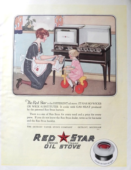 1924 Red Star Stove Ad ~ Child on Antique Ride-On