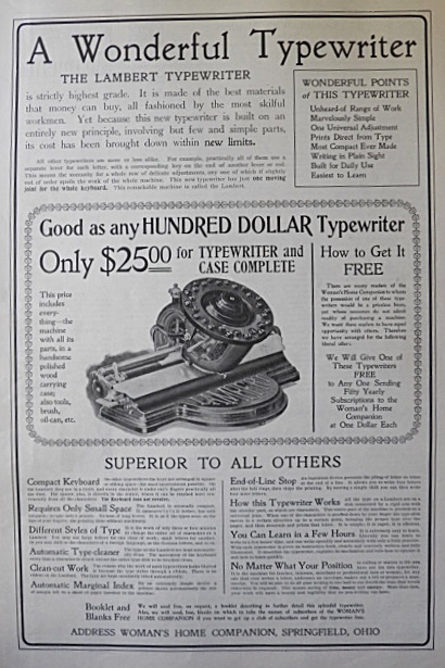 1909 Lambert Typewriter Ad ~ A Wonderful Typewriter