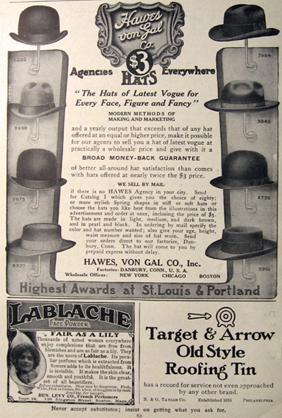 1907 Hawes Von Gal Men's Hat Ad