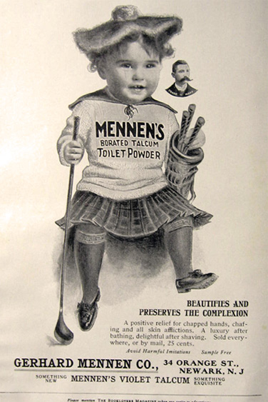 1904 Mennen's Talcum Powder Ad ~ Scottish Child with Golf Clubs