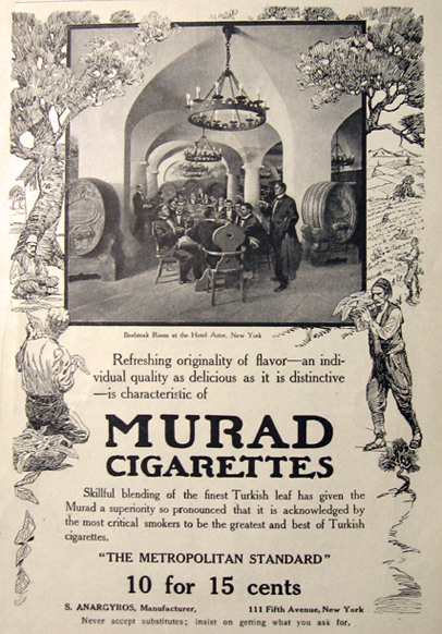 1907 Murad Cigarettes Ad ~ Hotel Astor Beefsteak Room