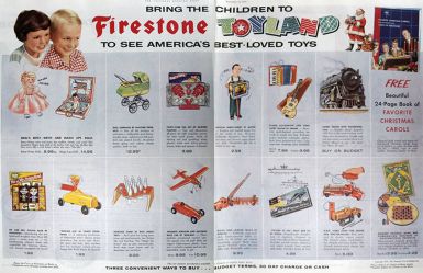 1955 Firestone Toyland Ad ~ Betsy Wetsy, Aeromite Plane