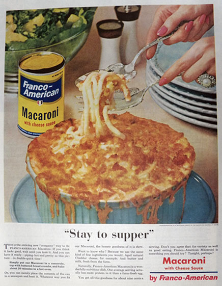 1955 Franco American Cooked Macaroni Ad ~ Stay to Supper